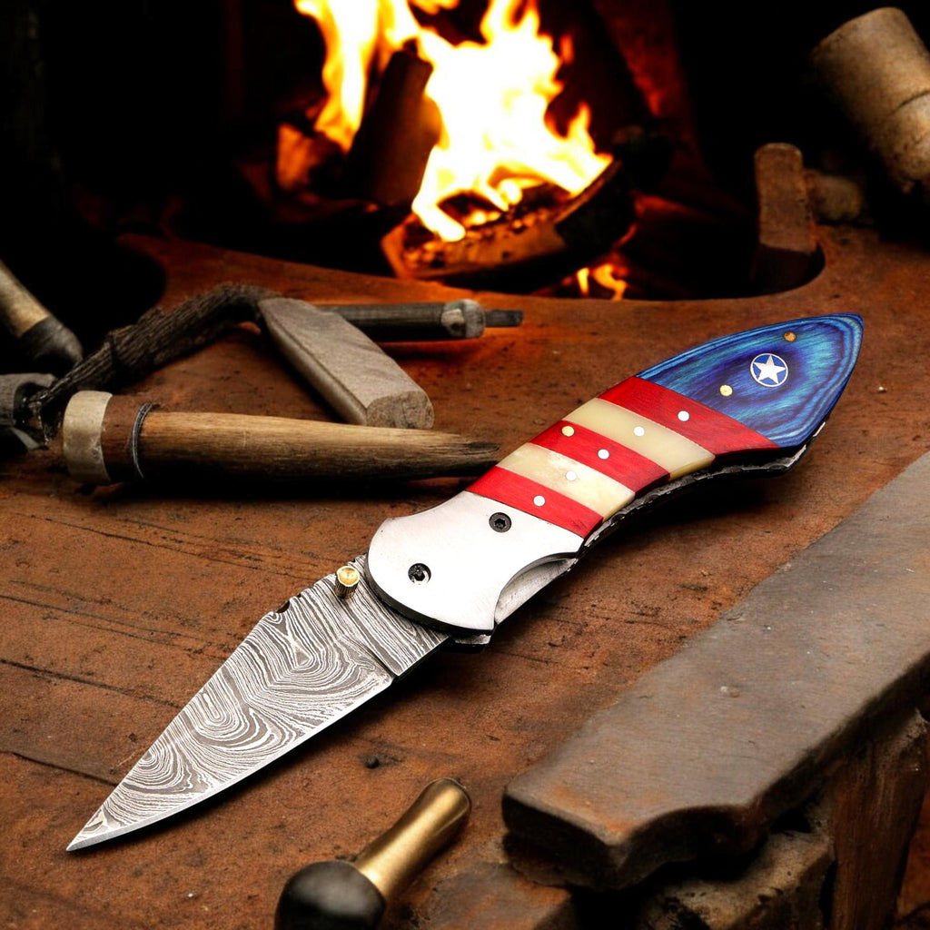 Handcraft Damascus Folding 8.5" Pocket Knife American USA Flag Camel Bone PakkaWood Handle Leather Sheath Hunting Bushcraft EDC Knives Gift
