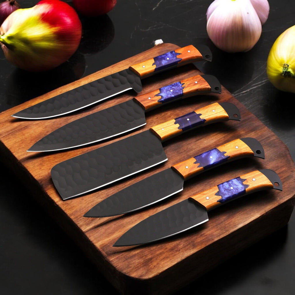 5pcs Damascus Chef Knife Set HandForged Kitchen Knives with Sheath Outdoor Cooking Hunting Outdoor Cookware Housewarming Cutlery Gift Craft