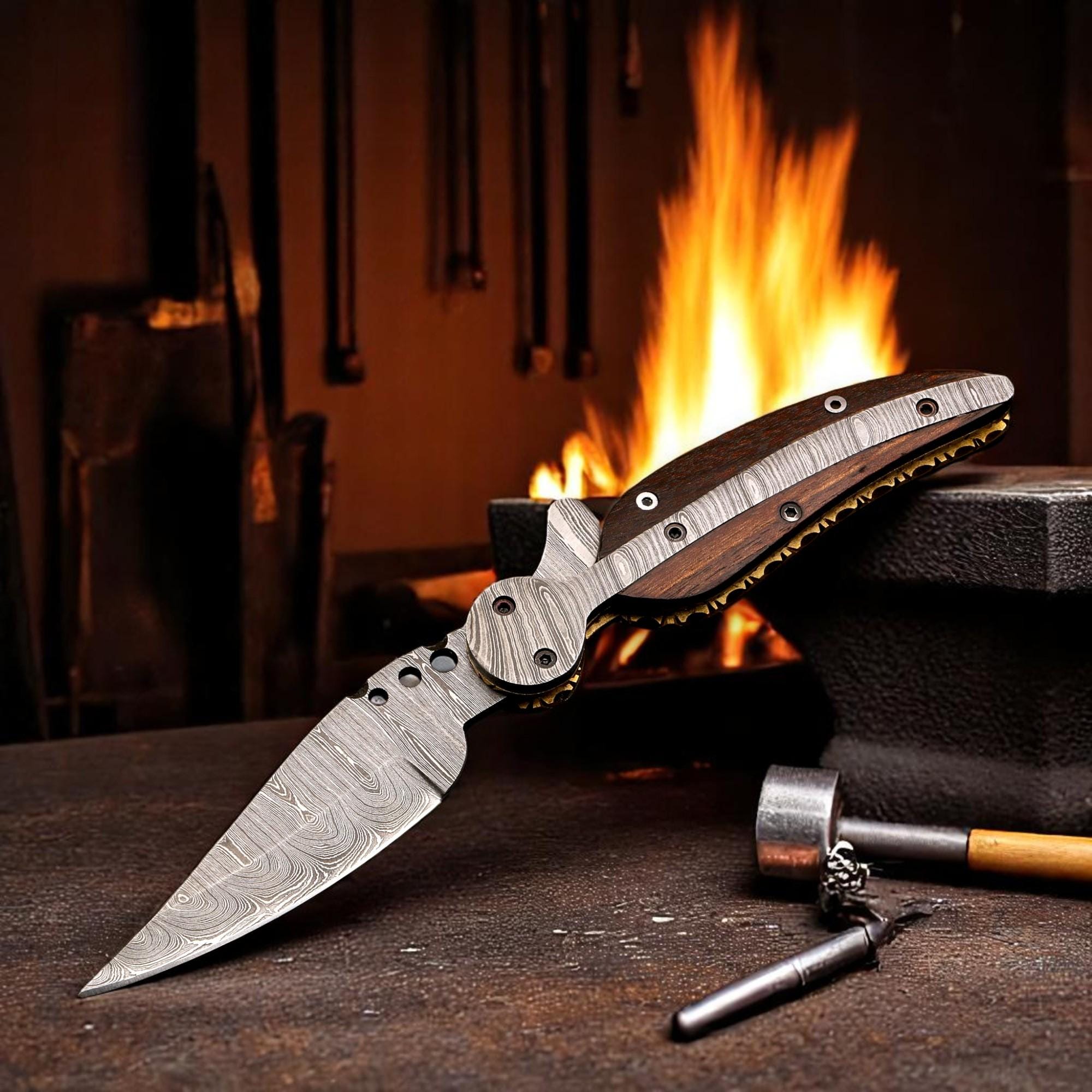 HandCraft Damascus Folding 9" Pocket Knife Damascus Steel Rose Wood Handle Leather Sheath Hunting Camping Outdoor Bushcraft EDC Knives Gift