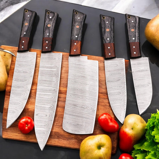 5Pcs HandForged Damascus Chef Knife Set Rosewood Pakka Wood Handle Kitchen Knives Butcher Cutlery Outdoor Camping Gift Hunting Cookware EDC