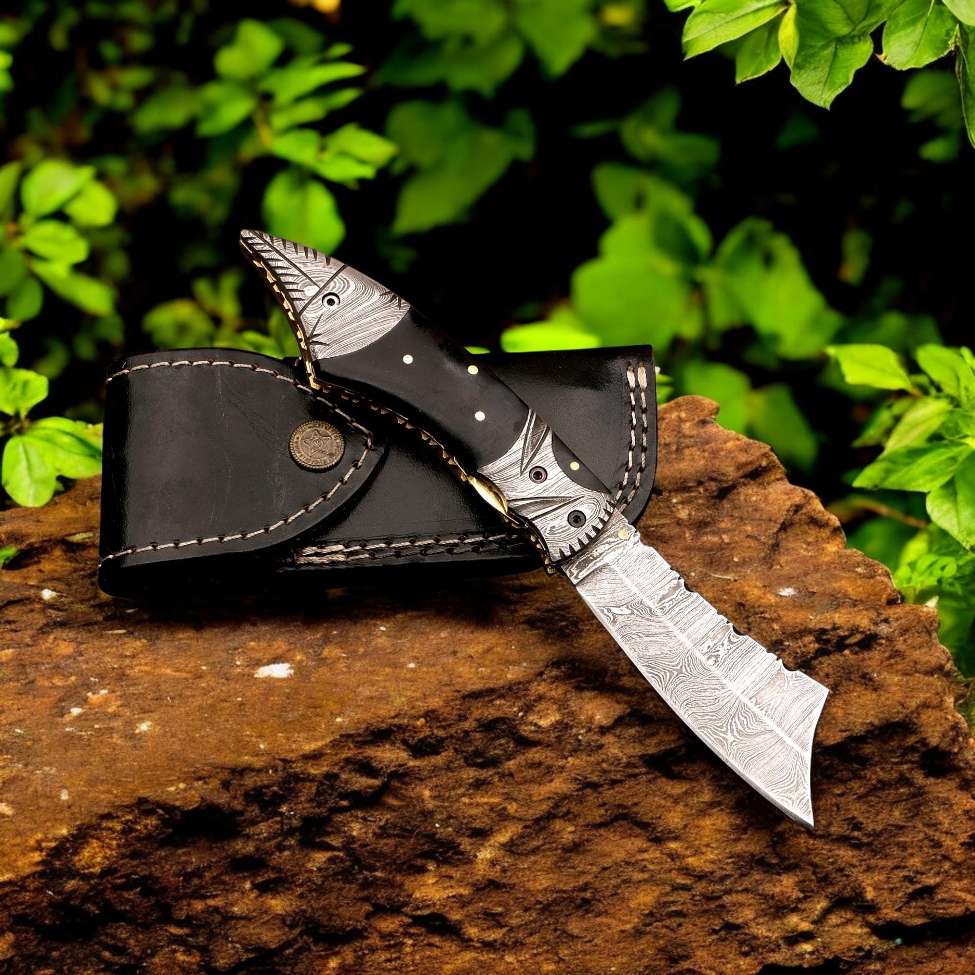 HandCraft Damascus Folding Knife 9" Pocket Knife Bull Horn Handle Leather Sheath Hunting Skinner Camping Fishing Outdoor Bushcraft EDC Gift