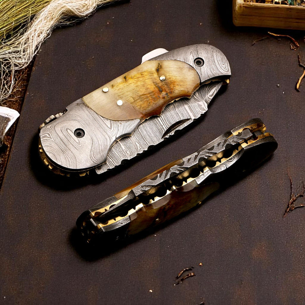 HandCraft Damascus Folding 7" Pocket Knife Lamb Horn Handle Leather Sheath Hunting Skinner Camping Fishing Outdoor Bushcraft EDC Knives Gift
