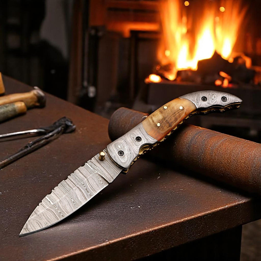 HandCraft Damascus Folding 9" Pocket Knife Lamb Horn Handle Leather Sheath Hunting Skinner Camping Fishing Outdoor Bushcraft EDC Knives Gift