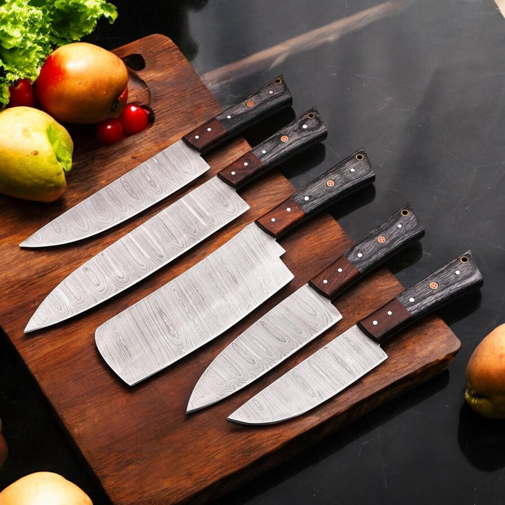5Pcs HandForged Damascus Chef Knife Set Rosewood Pakka Wood Handle Kitchen Knives Butcher Cutlery Outdoor Camping Gift Hunting Cookware EDC