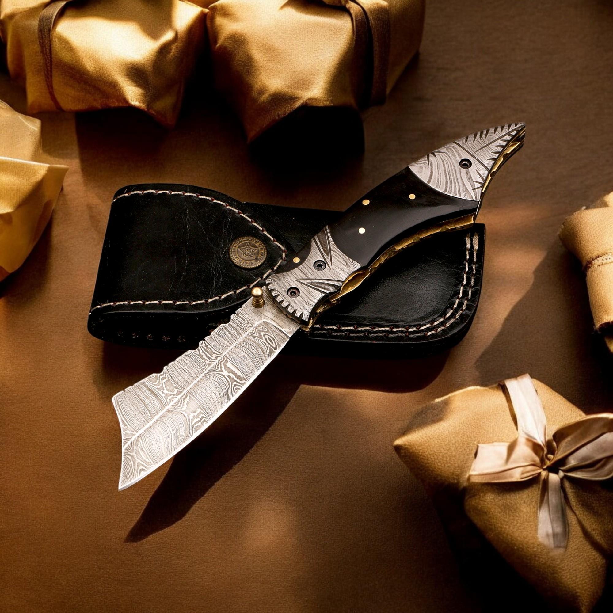 HandCraft Damascus Folding Knife 9" Pocket Knife Bull Horn Handle Leather Sheath Hunting Skinner Camping Fishing Outdoor Bushcraft EDC Gift