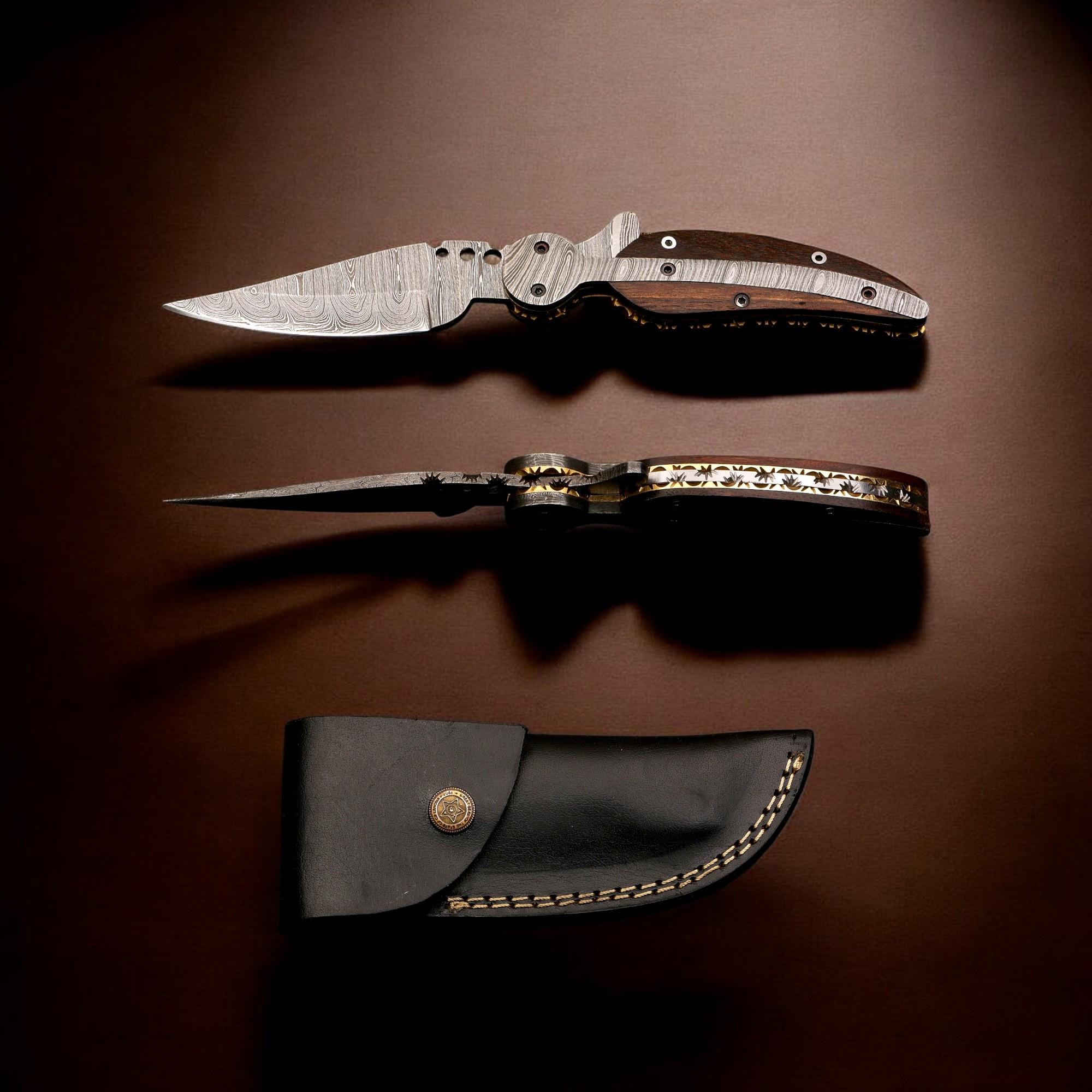 HandCraft Damascus Folding 9" Pocket Knife Damascus Steel Rose Wood Handle Leather Sheath Hunting Camping Outdoor Bushcraft EDC Knives Gift