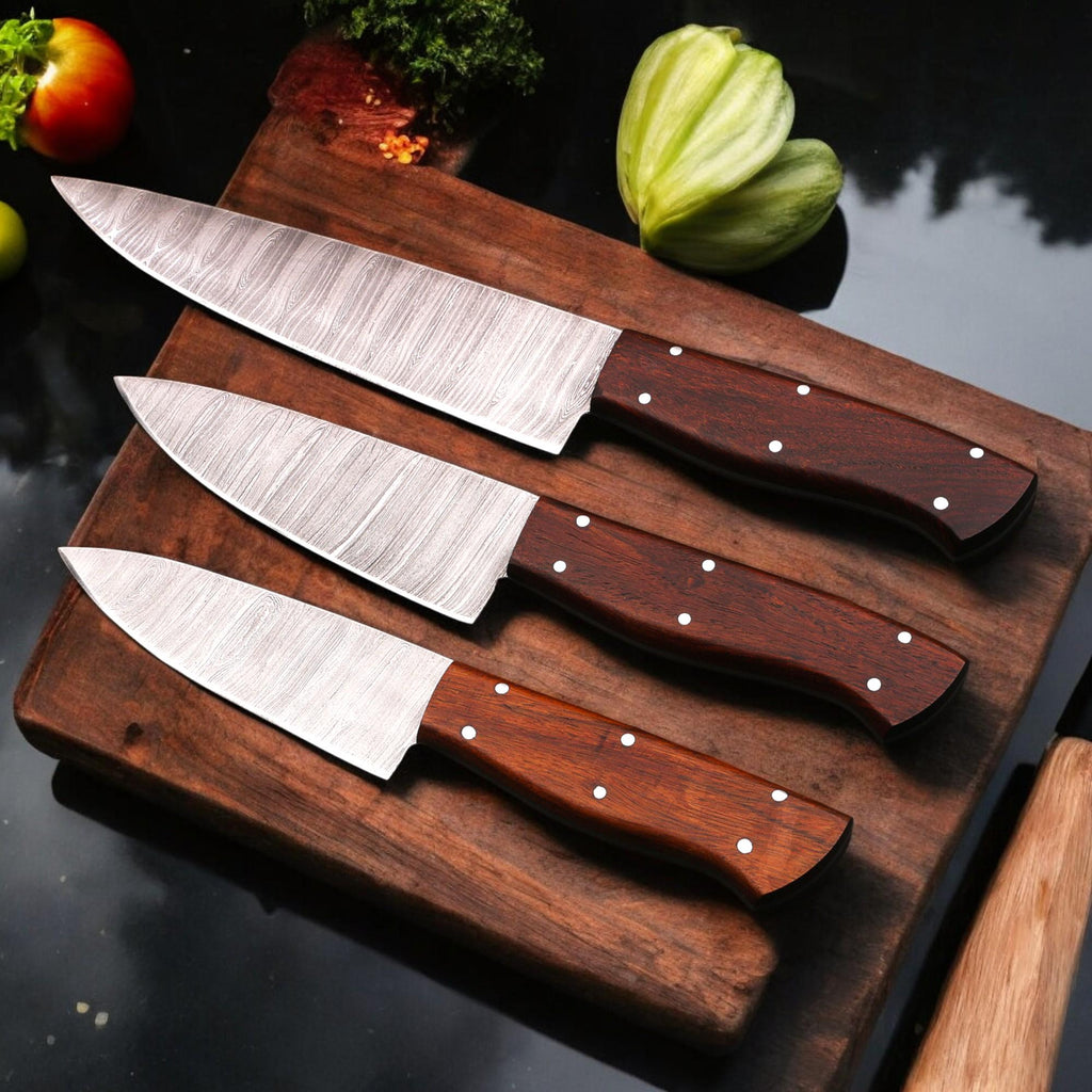 3pcs Damascus Chef Knife Set HandForged Kitchen Knives Leather Sheath Outdoor Hunting Camping Cookware Housewarming Cutlery Gift Craft  EDC