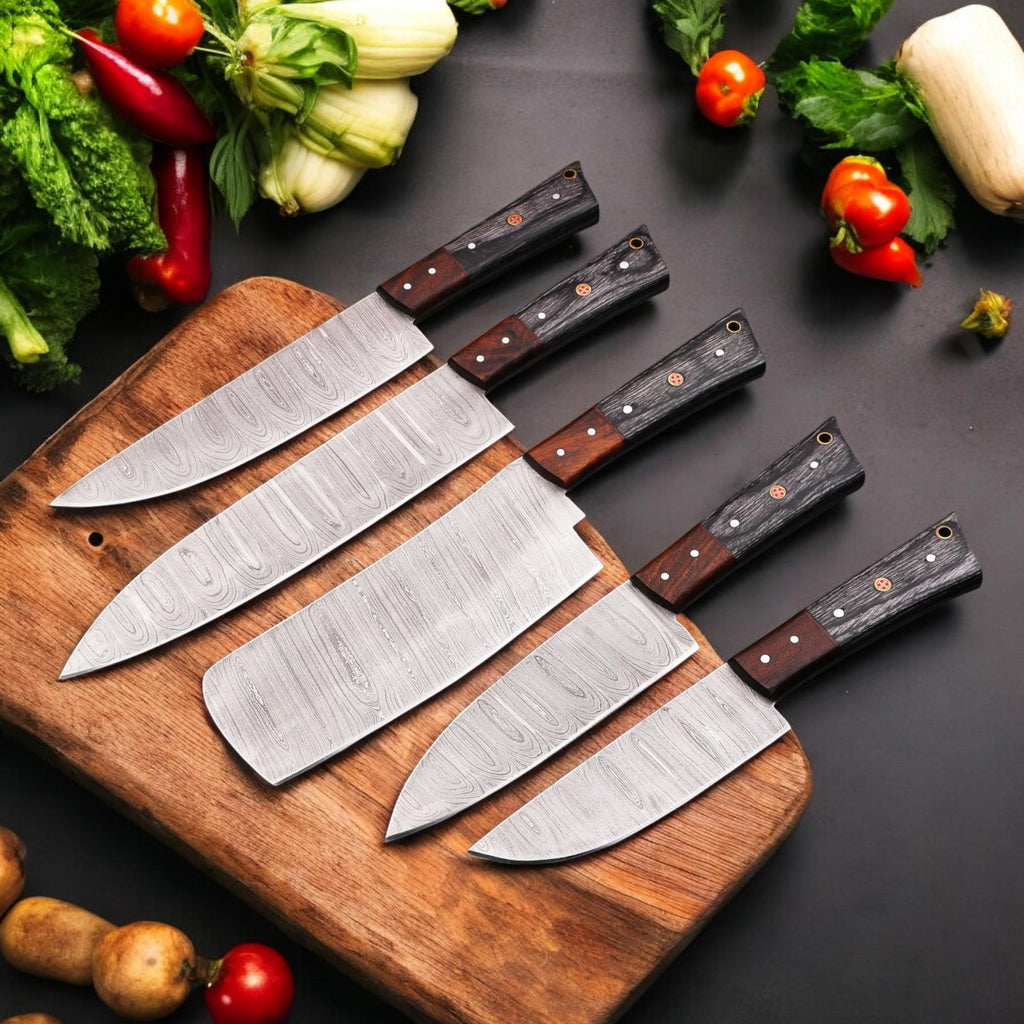 5Pcs HandForged Damascus Chef Knife Set Rosewood Pakka Wood Handle Kitchen Knives Butcher Cutlery Outdoor Camping Gift Hunting Cookware EDC