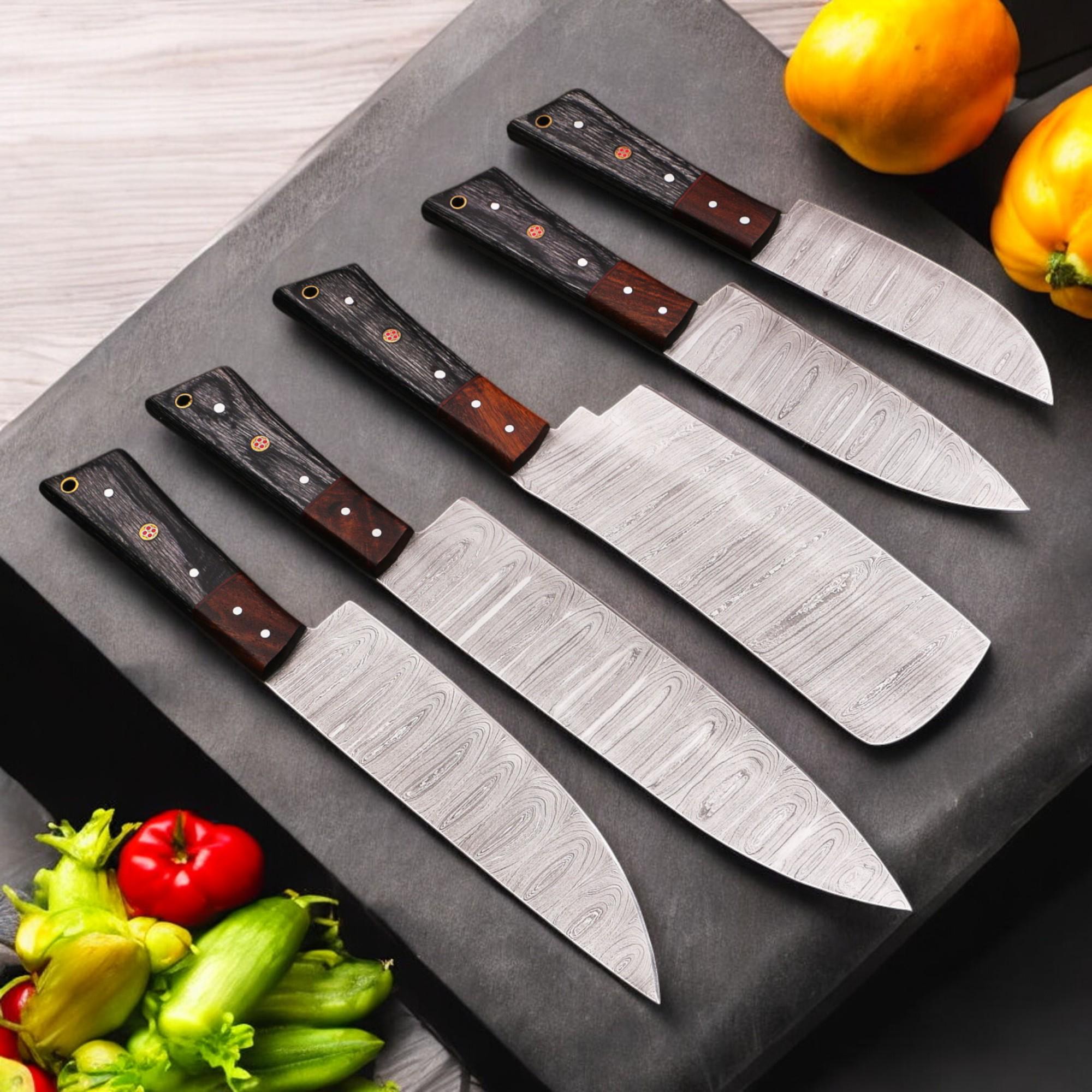 5Pcs HandForged Damascus Chef Knife Set Rosewood Pakka Wood Handle Kitchen Knives Butcher Cutlery Outdoor Camping Gift Hunting Cookware EDC