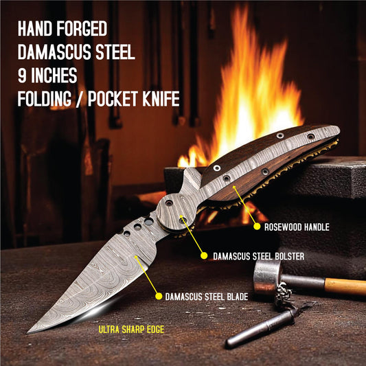 HandCraft Damascus Folding 9" Pocket Knife Damascus Steel Rose Wood Handle Leather Sheath Hunting Camping Outdoor Bushcraft EDC Knives Gift