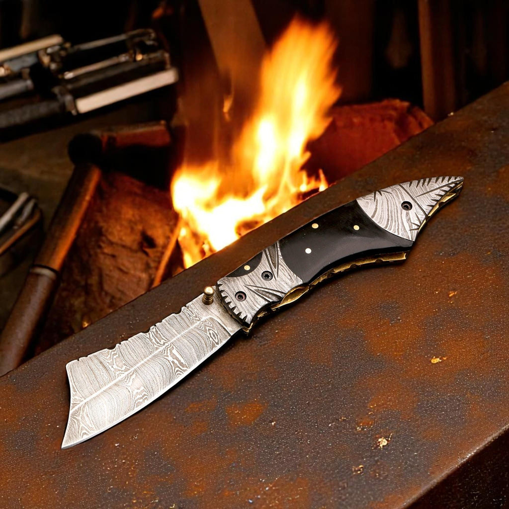 HandCraft Damascus Folding Knife 9" Pocket Knife Bull Horn Handle Leather Sheath Hunting Skinner Camping Fishing Outdoor Bushcraft EDC Gift