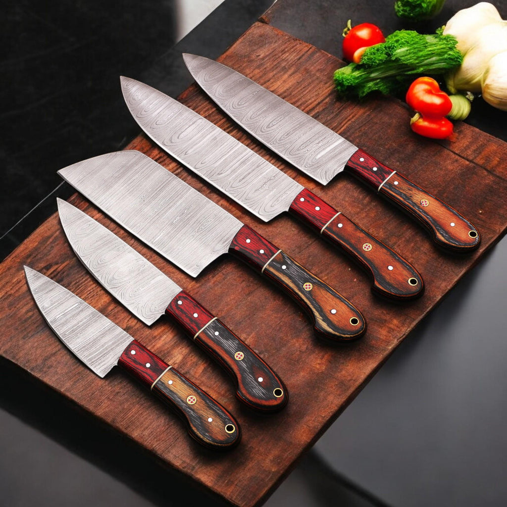 5Pcs Damascus Steel Kitchen Knife Set Leather Sheath Chef Knives Outdoor Cookware Cutlery Camping  Hunting HandCraft Housewarming Gift EDC