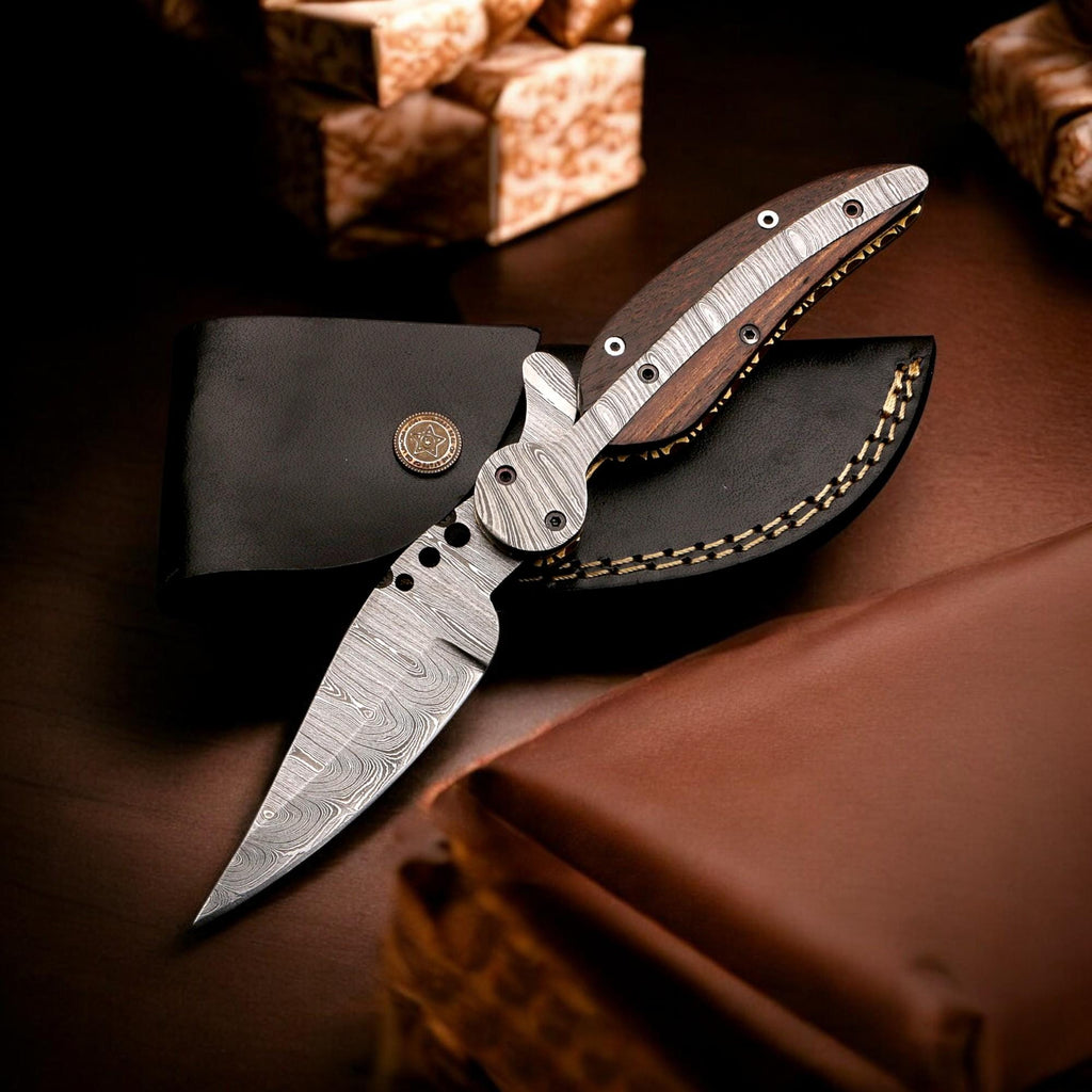HandCraft Damascus Folding 9" Pocket Knife Damascus Steel Rose Wood Handle Leather Sheath Hunting Camping Outdoor Bushcraft EDC Knives Gift
