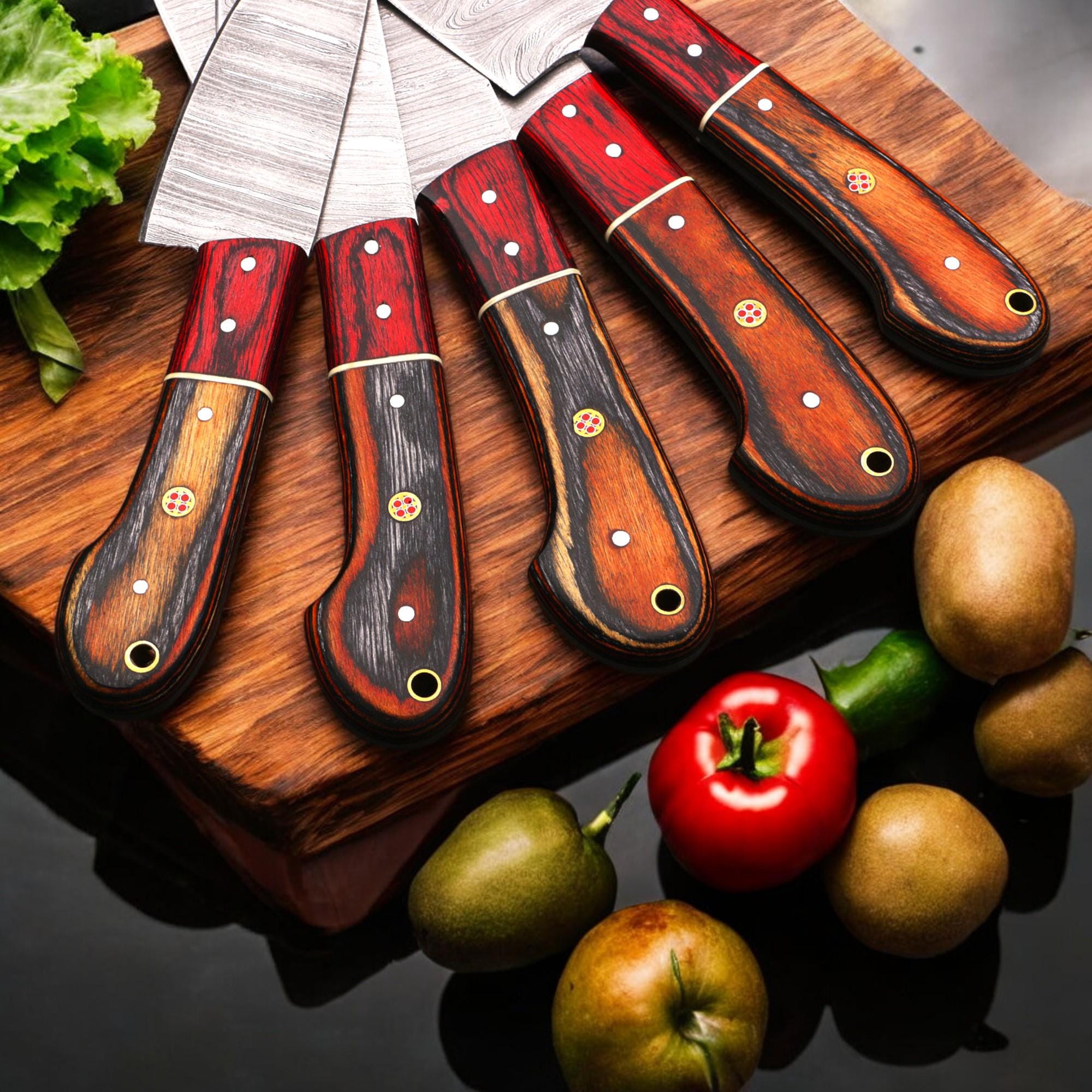 5Pcs Damascus Steel Kitchen Knife Set Leather Sheath Chef Knives Outdoor Cookware Cutlery Camping  Hunting HandCraft Housewarming Gift EDC