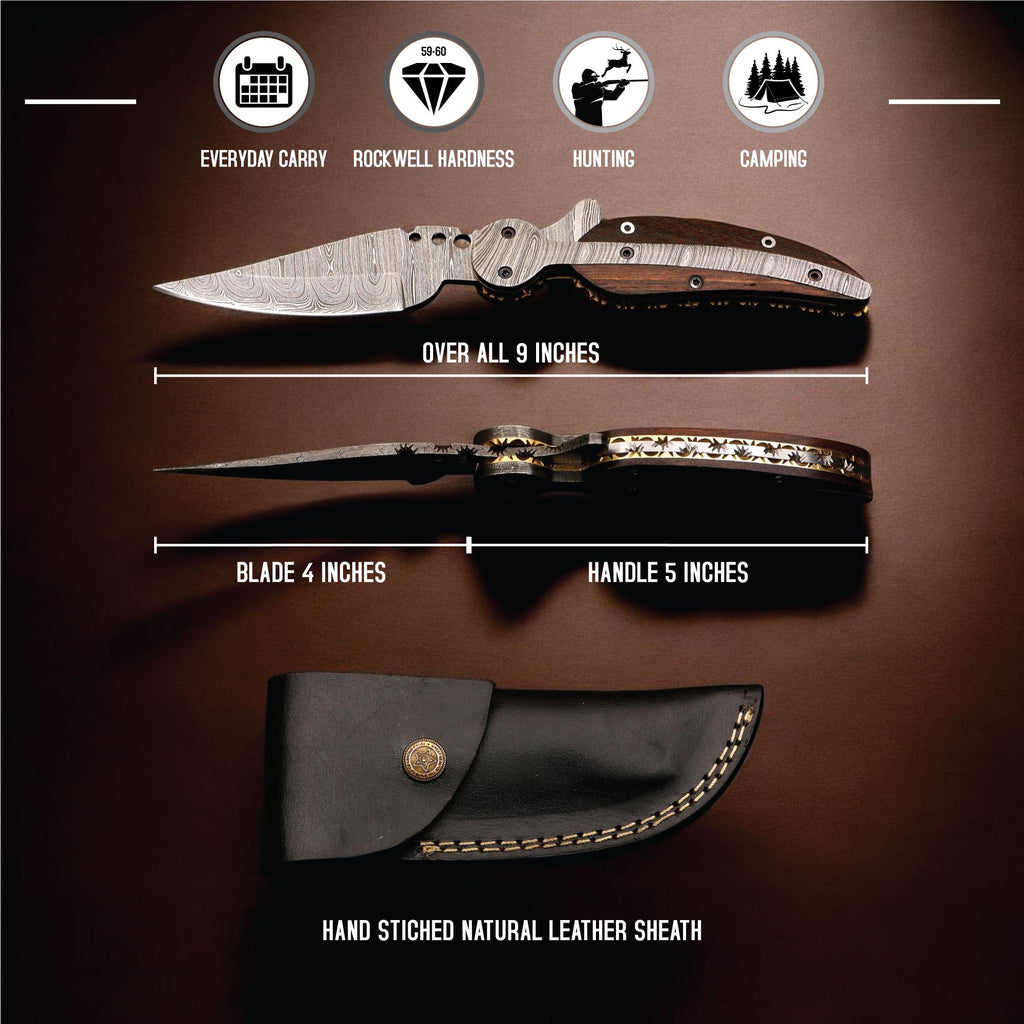 HandCraft Damascus Folding 9" Pocket Knife Damascus Steel Rose Wood Handle Leather Sheath Hunting Camping Outdoor Bushcraft EDC Knives Gift