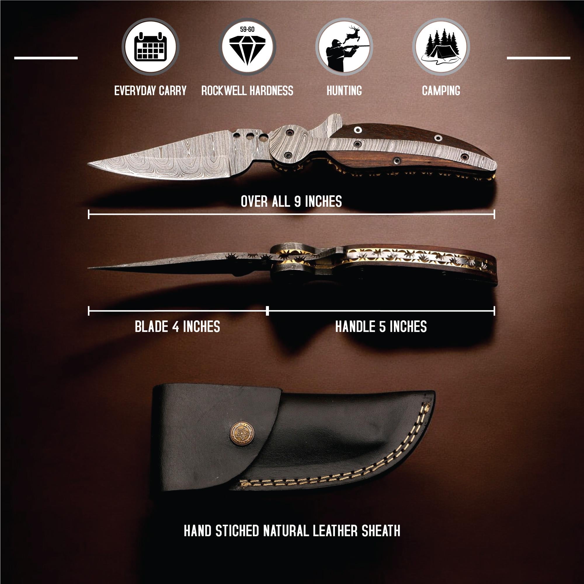 HandCraft Damascus Folding 9" Pocket Knife Damascus Steel Rose Wood Handle Leather Sheath Hunting Camping Outdoor Bushcraft EDC Knives Gift