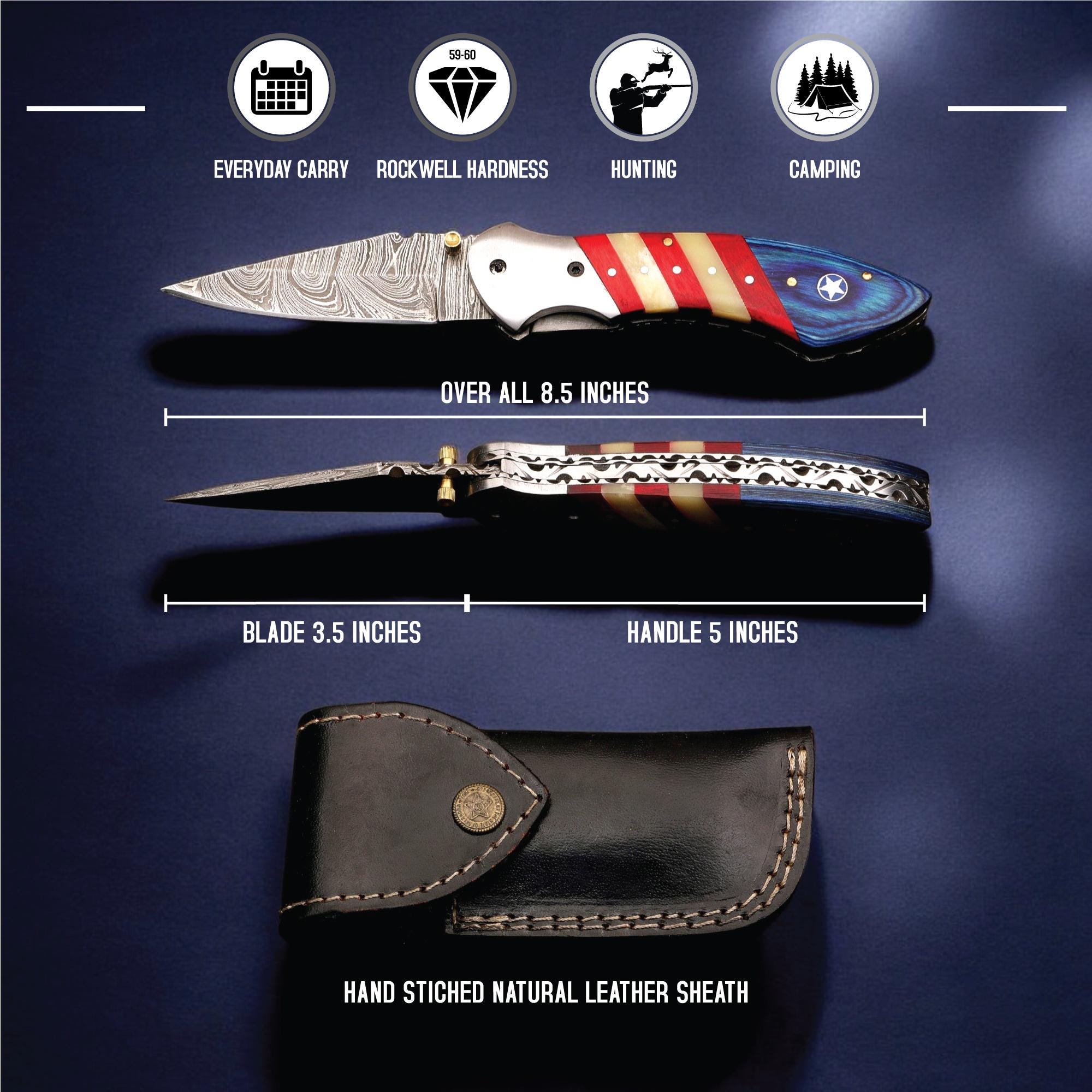 Handcraft Damascus Folding 8.5" Pocket Knife American USA Flag Camel Bone PakkaWood Handle Leather Sheath Hunting Bushcraft EDC Knives Gift