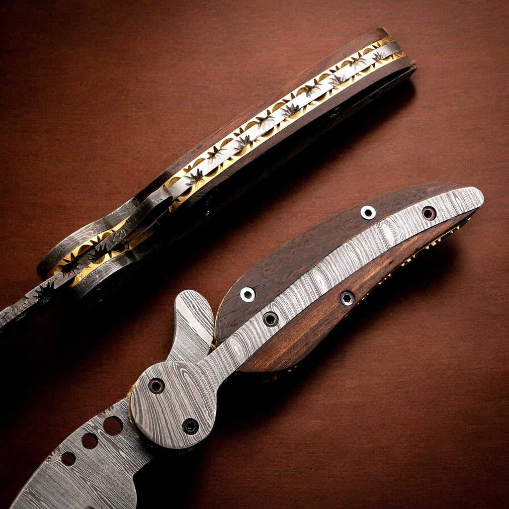 HandCraft Damascus Folding 9" Pocket Knife Damascus Steel Rose Wood Handle Leather Sheath Hunting Camping Outdoor Bushcraft EDC Knives Gift