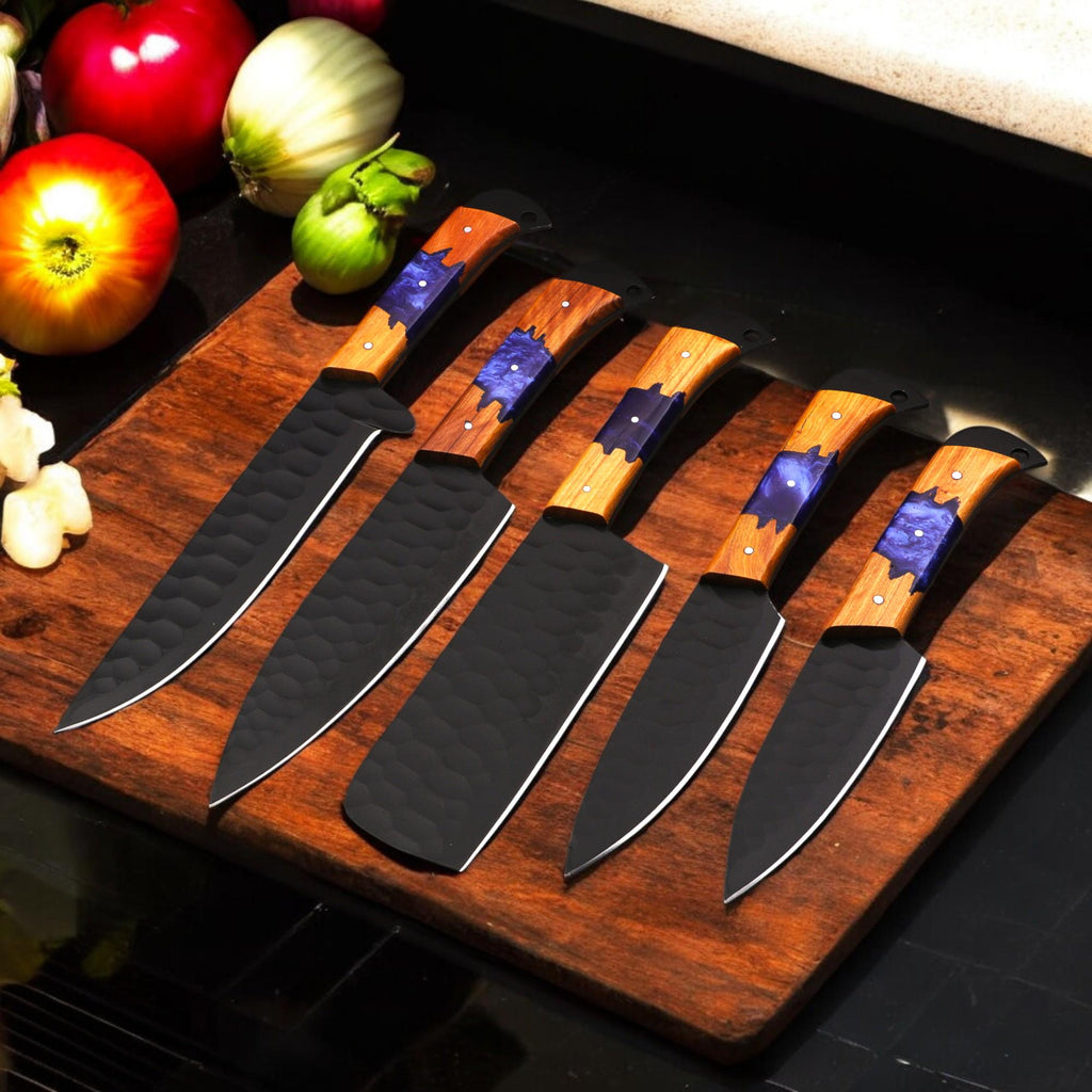 5pcs Damascus Chef Knife Set HandForged Kitchen Knives with Sheath Outdoor Cooking Hunting Outdoor Cookware Housewarming Cutlery Gift Craft