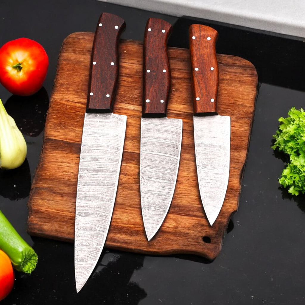 3pcs Damascus Chef Knife Set HandForged Kitchen Knives Leather Sheath Outdoor Hunting Camping Cookware Housewarming Cutlery Gift Craft  EDC